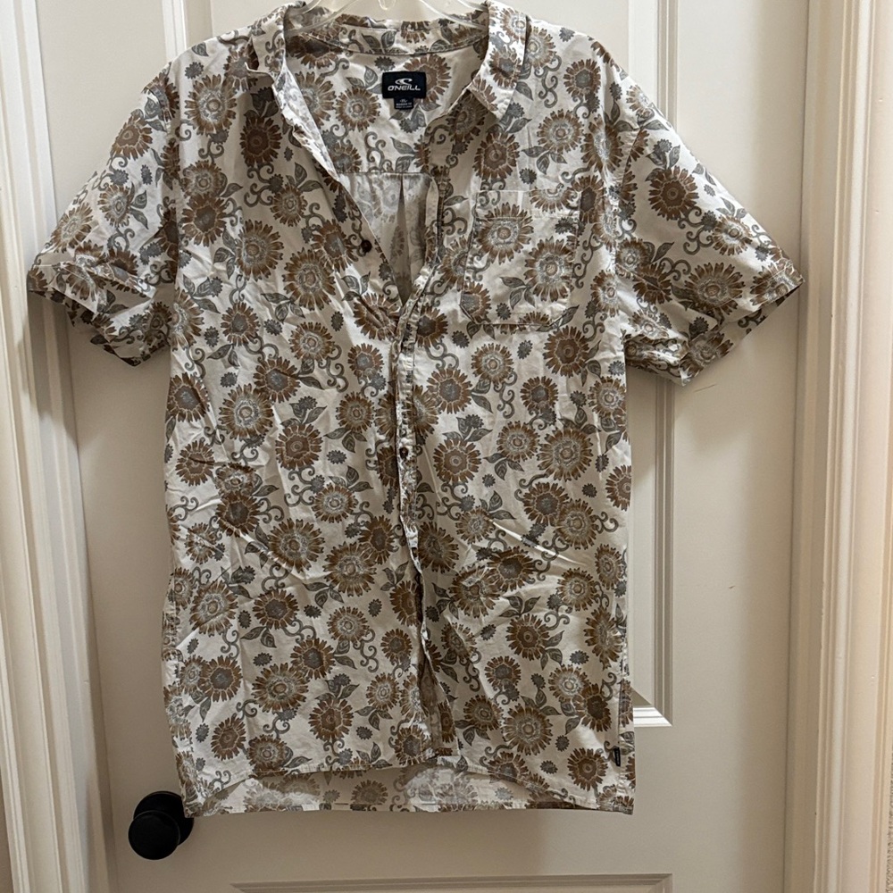 O'Neill Modern Fit Men's Brown and Cream Floral Button Down  Shirt size XL